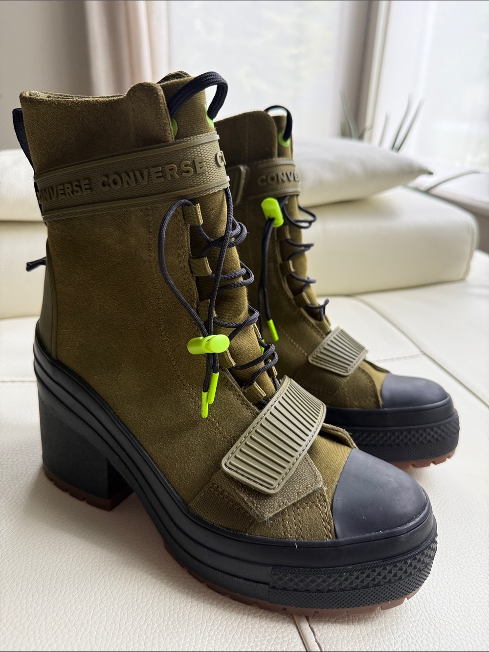 Converse Olive Suede Platform Lace-Up Ankle Boots with Neon Accents